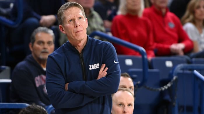 Gonzaga Bulldogs head coach Mark Few looks on against the Santa Clara Broncos in the second half at McCarthey Athletic Center in Spokane, Washington, on Feb. 24, 2024.